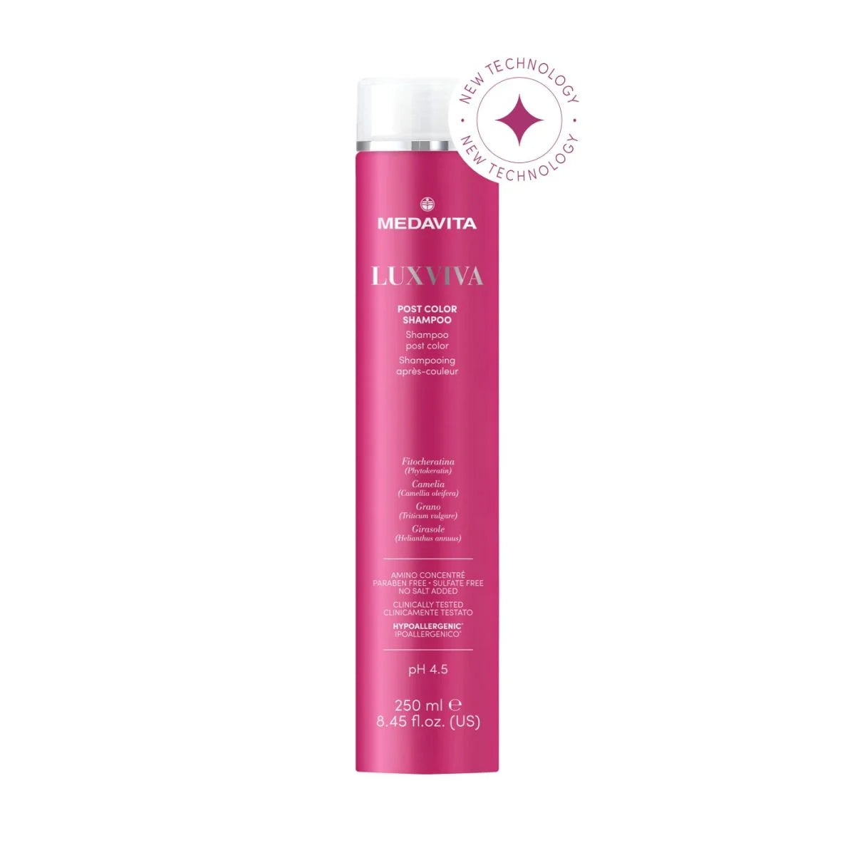 Medavita Luxviva Post Color Shampoo 250ml pH 4.5 – Fitokeratina, Camellia, Grau, Floarea-Soarelui, Sulfate Free, Paraben Free. Protectia culorii par vopsit.
