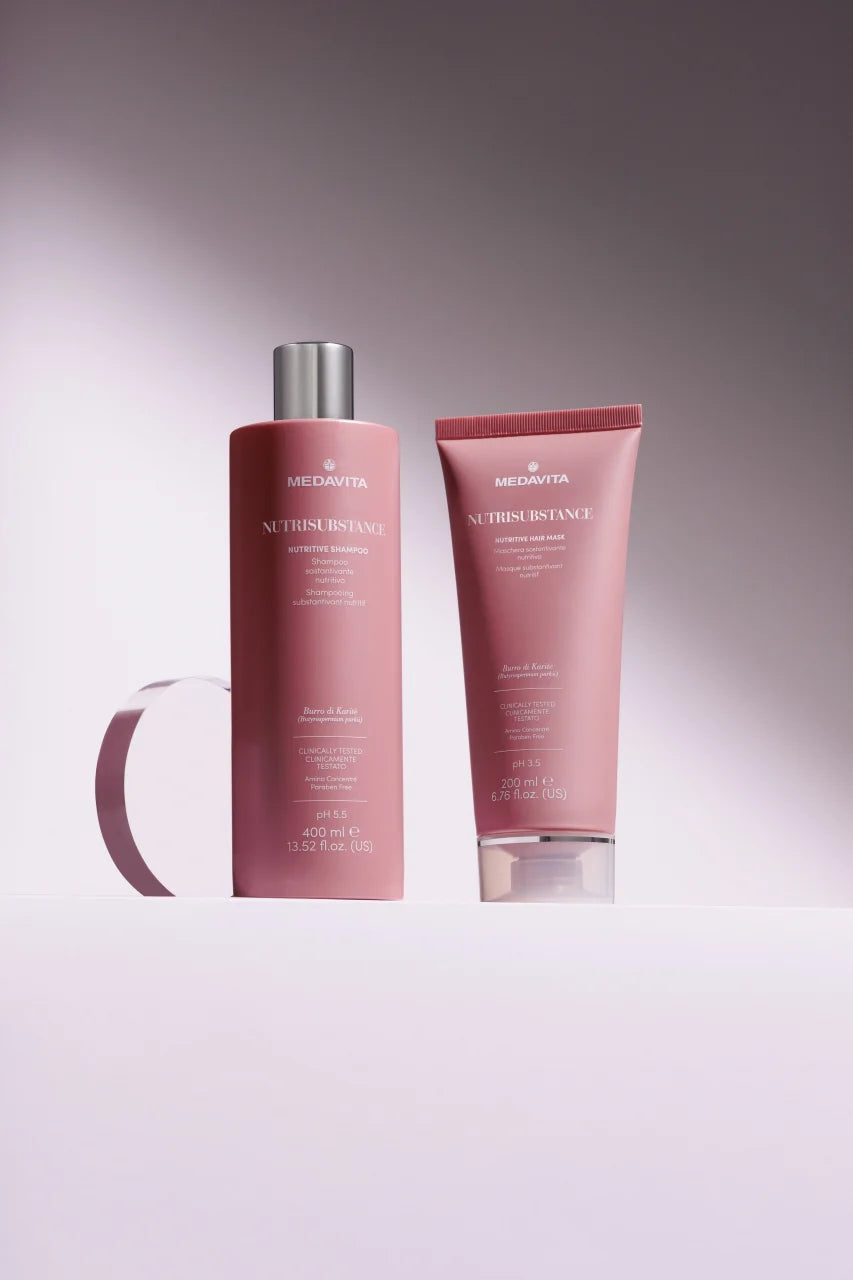 Medavita Nutrisubstance Nutritive Shampoo 400ml si Masca 200ml – duo hidratare intensiva par uscat si sensibilizat. Cu Unt Shea, Ulei Jojoba si Amino Concentre. Italia.
