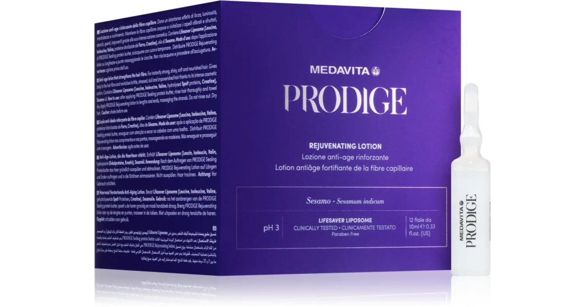 Medavita Prodige Rejuvenating Lotion 12 fiole x 10ml – Lifesaver Liposome, Sesam, pH 3, Paraben Free. Tratament anti-age leave-in pentru reparare si fortifiere fibra capilara.
