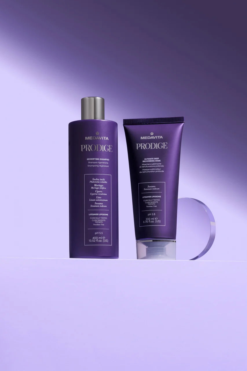 Medavita Prodige Revivifying Shampoo 400ml pH 5.5 + Ultimate Deep Recovering Mask 200ml pH 2.8 – Moringa, Cyperus, Sacha Inchi, Lifesaver Liposome. Clinically Tested.
