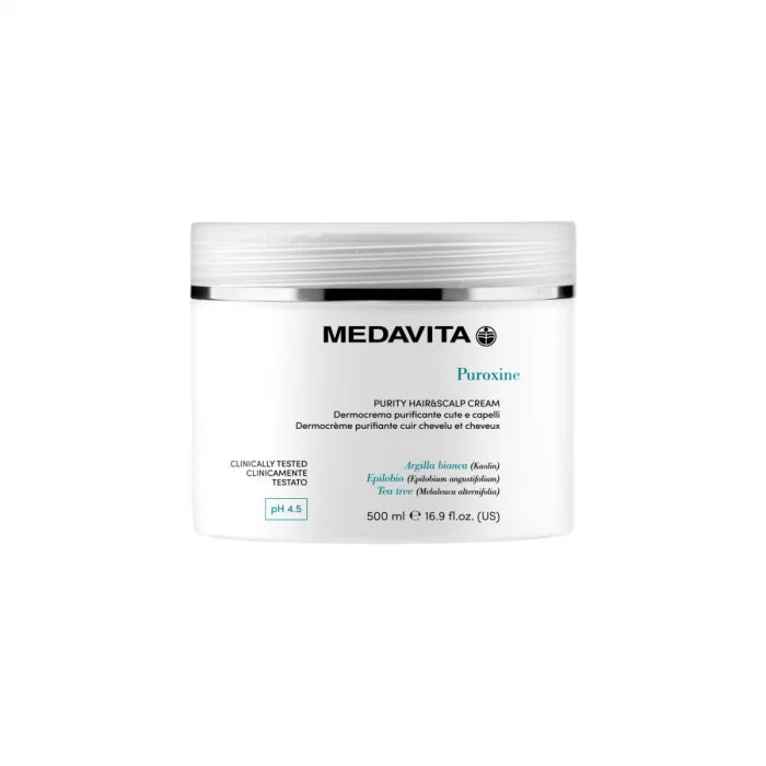 Medavita Puroxine Purity Hair Scalp Cream 500ml – dermocrema purificanta cu Kaolin, Epilobium angustifolium si Tea Tree. Antimatarata co-wash pre-sampon. pH 4.5. Italia.
