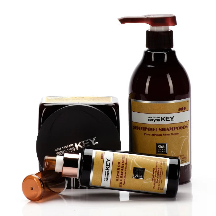 Saryna Key Damage Repair – unt de shea, sampon si ulei reparator cu unt de shea african pur pentru par deteriorat, uscat si gros. Repara si hidrateaza intens.
