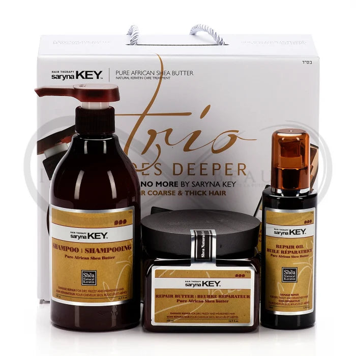 Saryna Key Damage Repair Trio kit cadou – sampon, unt reparator si ulei cu unt de shea african pur pentru par deteriorat, gros si cret. Repara si hidrateaza intens.
