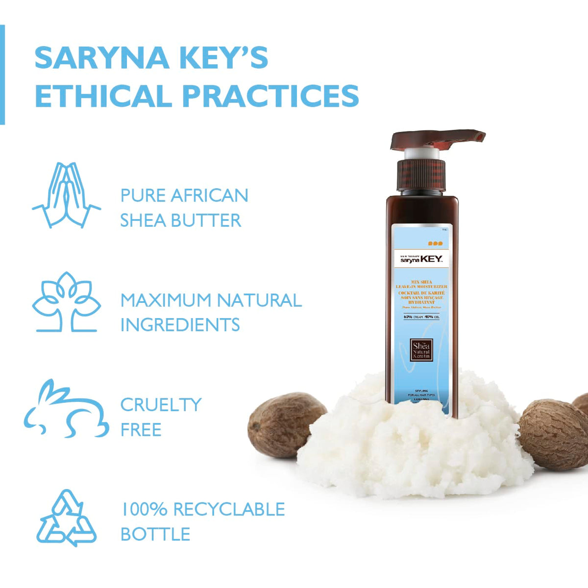 Saryna Key Mix Shea Leave-in 60/40 – unt de shea african pur, ingrediente naturale, cruelty free si flacon 100% reciclabil, produs etic si sustenabil
