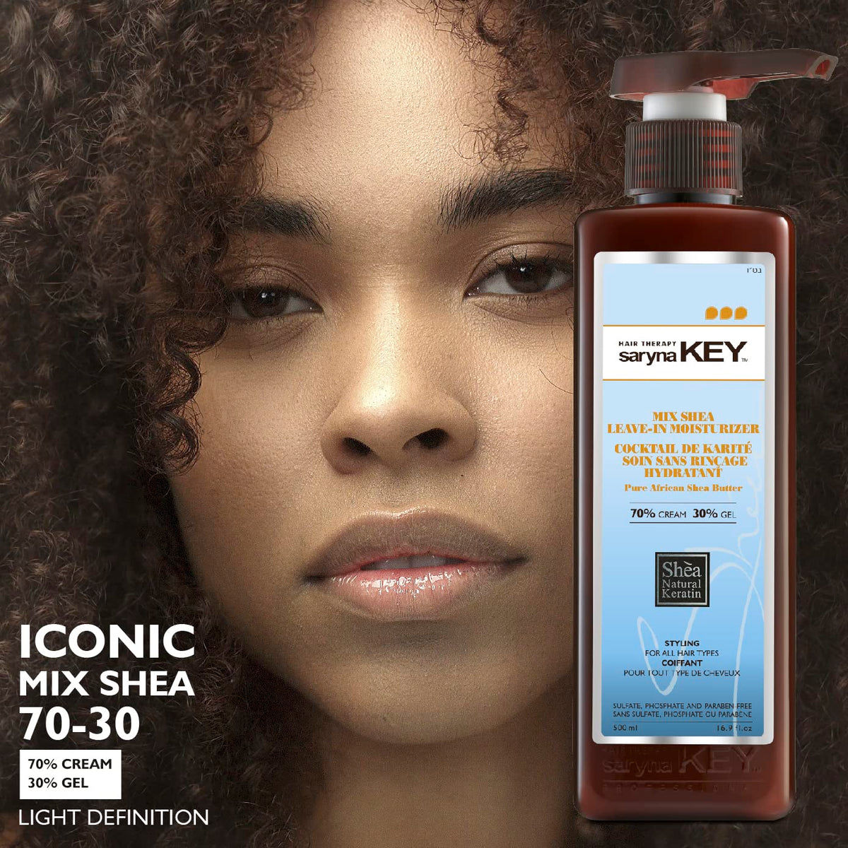 Saryna Key Mix Shea Leave-in Moisturizer 70% Crema 30% Gel – rezultat pe par cret cu bucle definite si naturale, Light Definition, fara sulfati si parabeni
