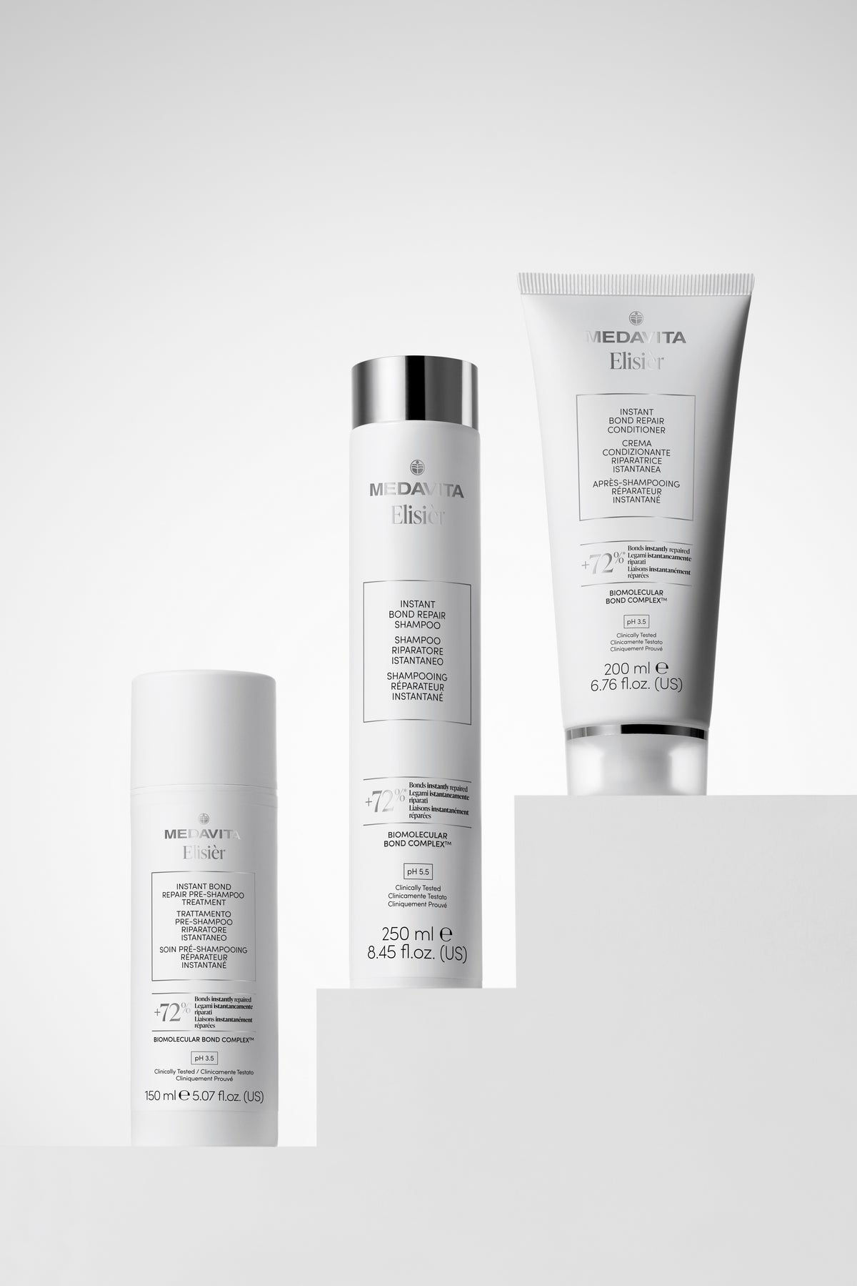Rutina completă Medavita Elisier Instant Bond Repair cu tratament pre-șampon, șampon și conditioner pentru repararea instantanee a părului deteriorat și refacerea legăturilor firului de păr.