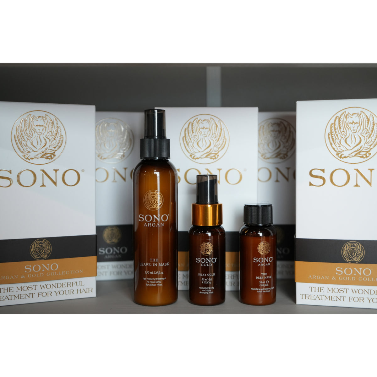 Sono Argan Gold Trio Kit – Leave-in Mask 150ml, Silky Gold 50ml si Deep Mask 50ml cu ulei de argan si acid hialuronic pentru par uscat si deteriorat. Hidratare intensa.
