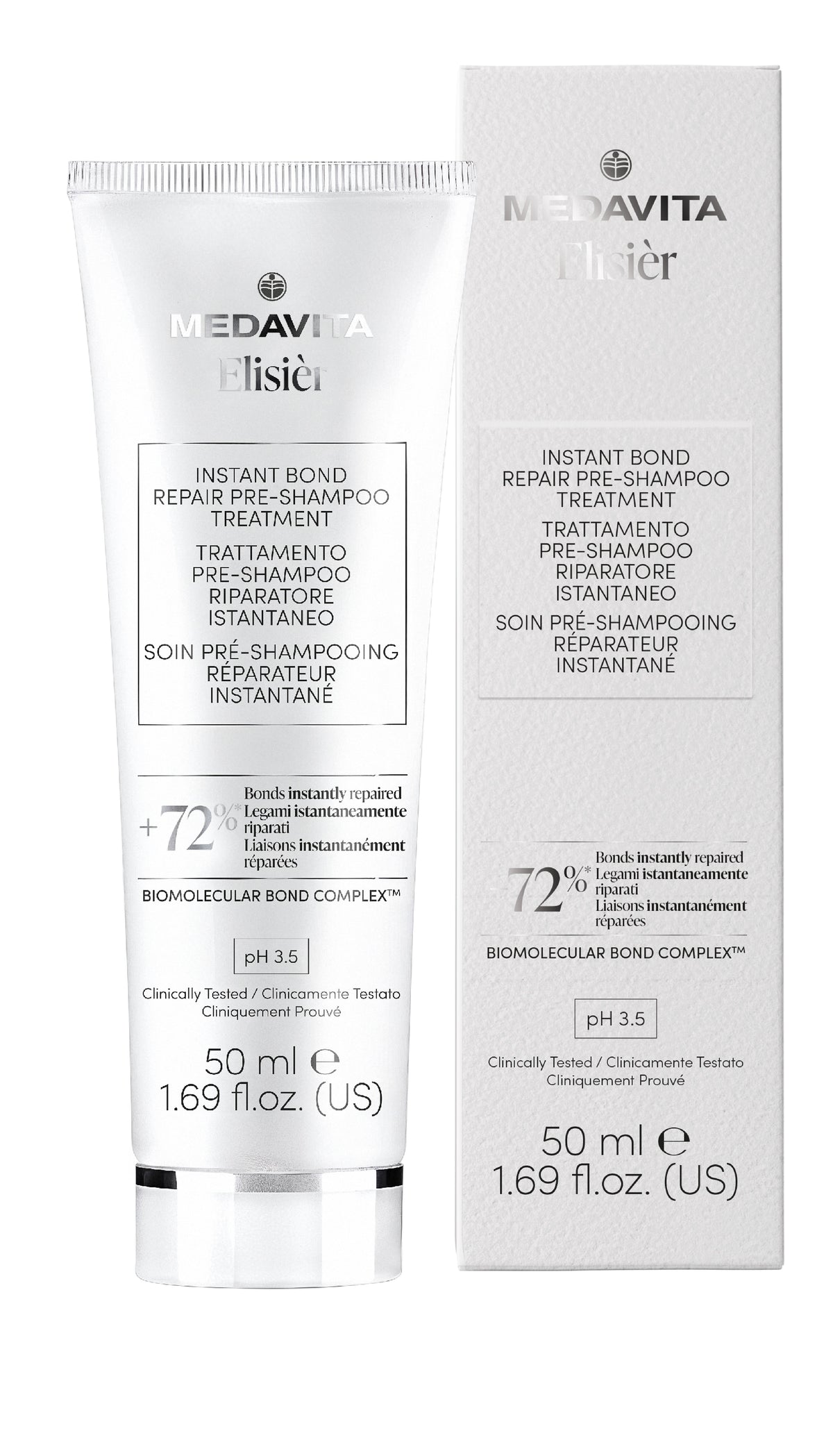 Tratament pre-sampon Medavita Elisier Instant Bond Repair 50 ml impreuna cu ambalajul original.