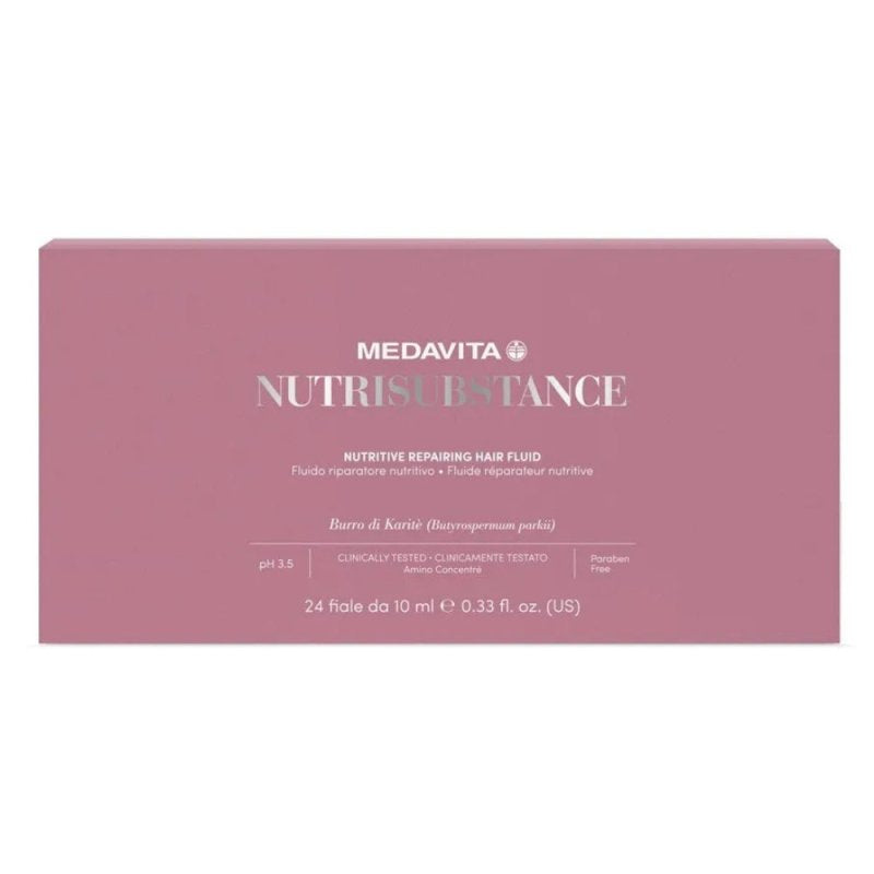Medavita Nutrisubstance cutie 24 fiole x 10ml – Nutritive Repairing Hair Fluid cu Unt de Karite, Amino Concentre, Clinically Tested, Paraben Free, pH 3.5.
